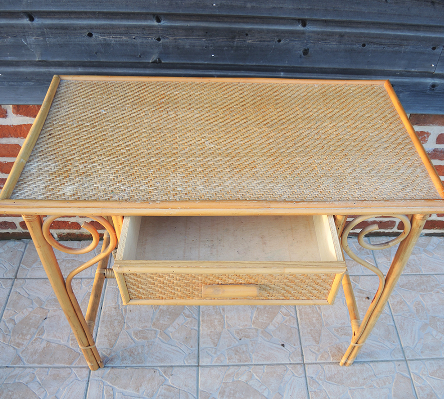Ancien Bureau Coiffeuse en Bambou & Osier (5)