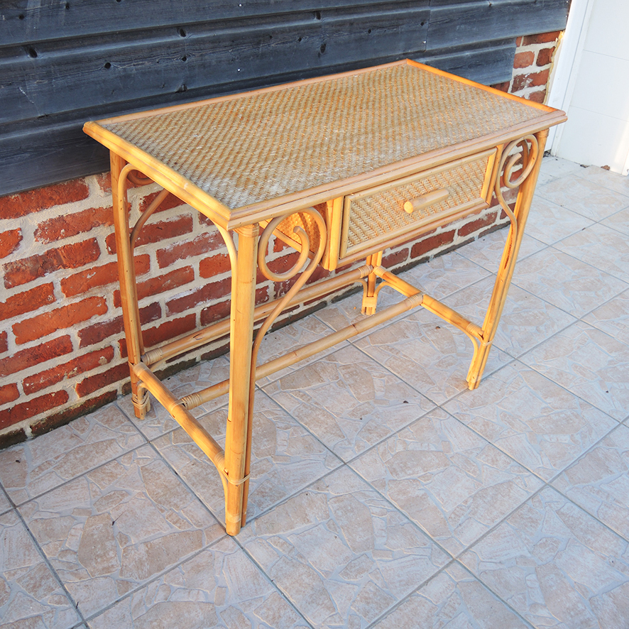 Ancien Bureau Coiffeuse en Bambou & Osier (6)
