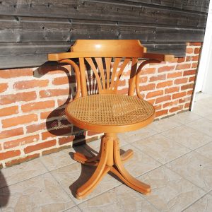Ancien Fauteuil Tournant Américain en Bois & Cannage