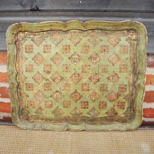 Ancien Grand Plateau Florentin en Bois Vert & Doré