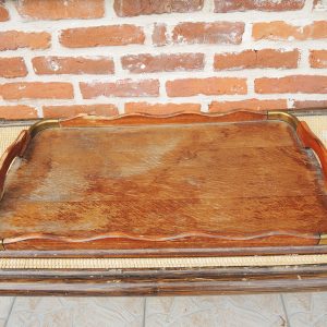 Ancien Grand Plateau de Service en Bois & Laiton