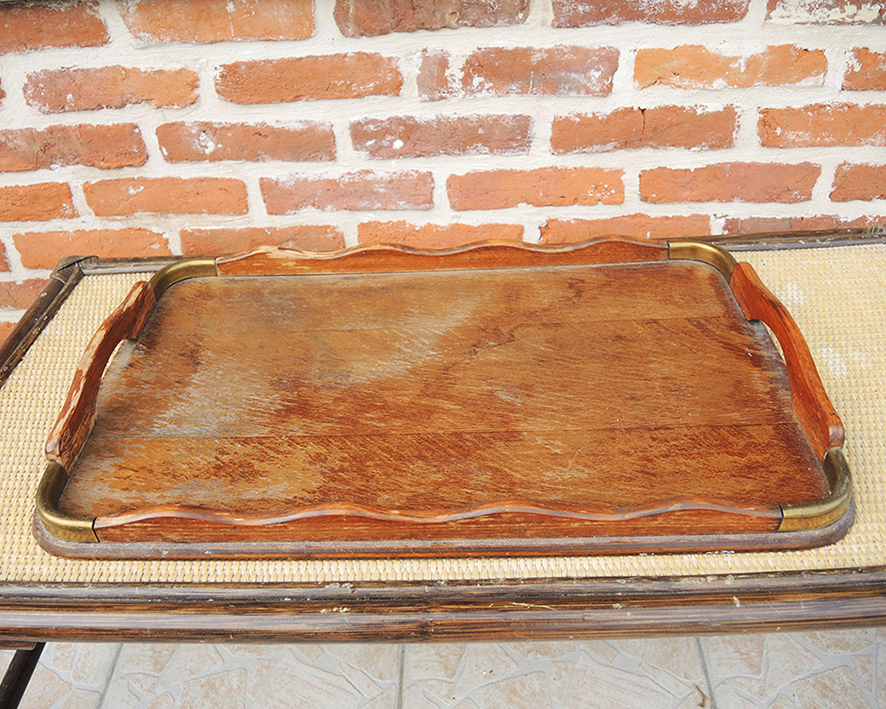 Ancien Grand Plateau de Service en Bois & Laiton