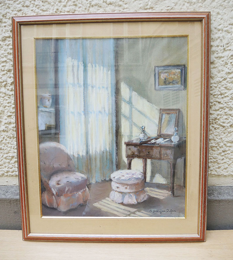 Ancien Tableau Pastel Encadré & Signé - S. Beaujeu Dufour - Boudoir