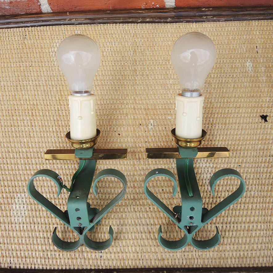 2 Anciennes Appliques en Laiton & Fer Forgé Peint (2)