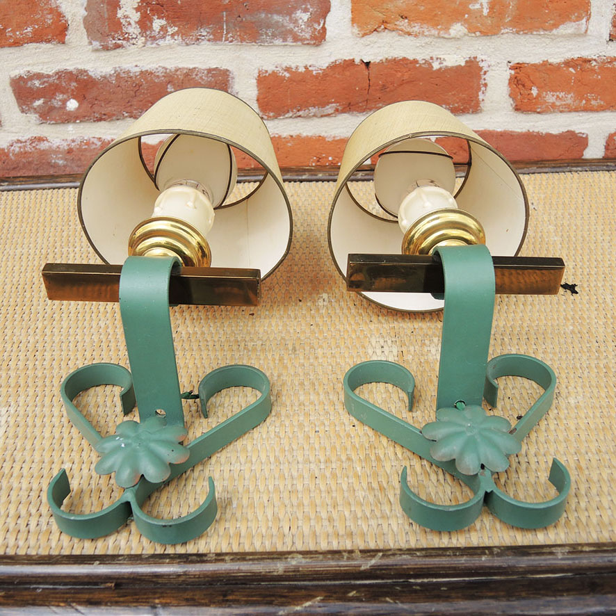 2 Anciennes Appliques en Laiton & Fer Forgé Peint (4)