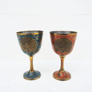 2 Anciens Verres à Pied en Laiton Emaillé avec Décor Paon