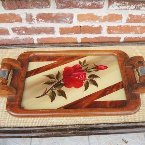Ancien Grand Plateau en Bois Art Déco - Décor Roses