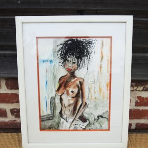Ancien Portrait à l'Aquarelle Signé & Encadré Nue Africaine