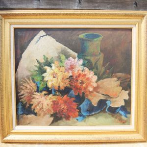 Ancien Tableau Huile sur Panneau Signé & Encadré - Dahlias - Emile-Henri Tilmans