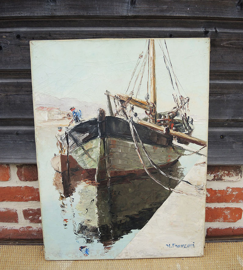 tableau-huile-toile-vintage Ancien Tableau Huile sur Toile Signé - Barque de Pêche - H Franconi