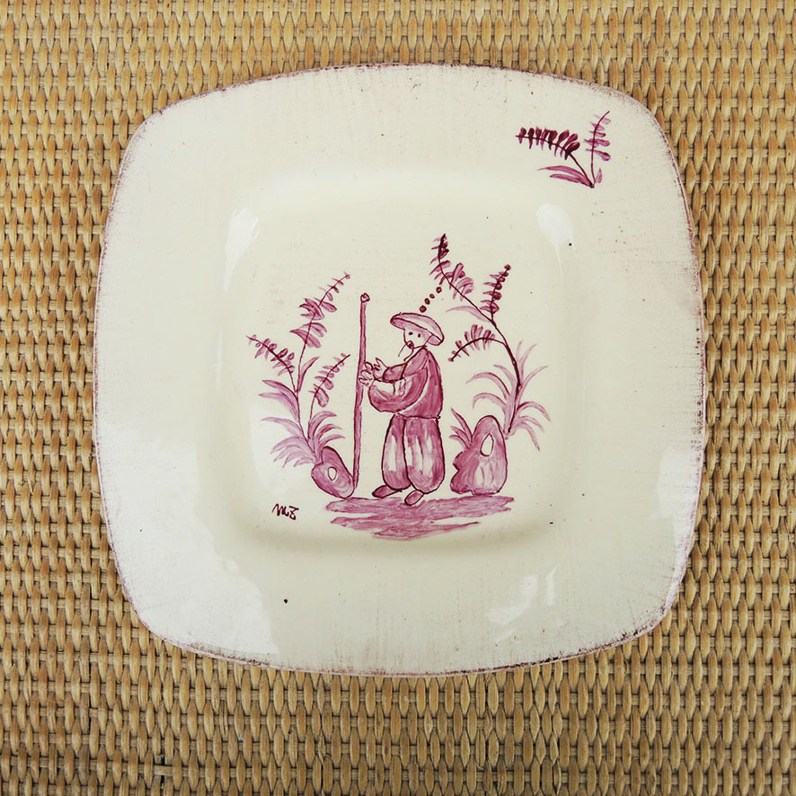 assiette-carree-chinois-peint-signe-vintage Ancienne Assiette Carrée au Décor Chinois Peint Main & Signé