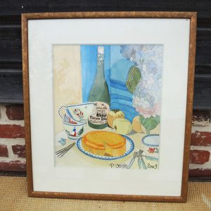 Ancienne Nature Morte à l'Aquarelle Signée & Encadrée Cidre & Gâteau