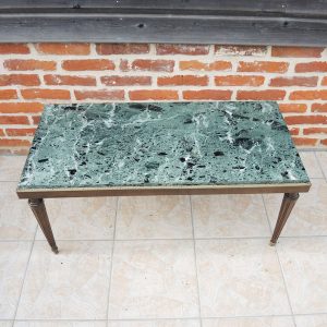 Ancienne Table Basse en Bois & Marbe Vert de Style Louis XVI