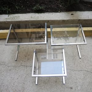 3 Anciennes Tables Gigognes en Chrome & Verre
