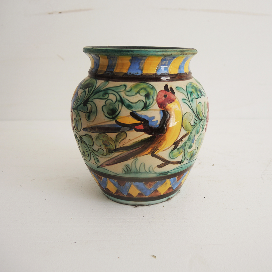 Ancien Petit Vase en Céramique Italienne - Décor Oiseaux