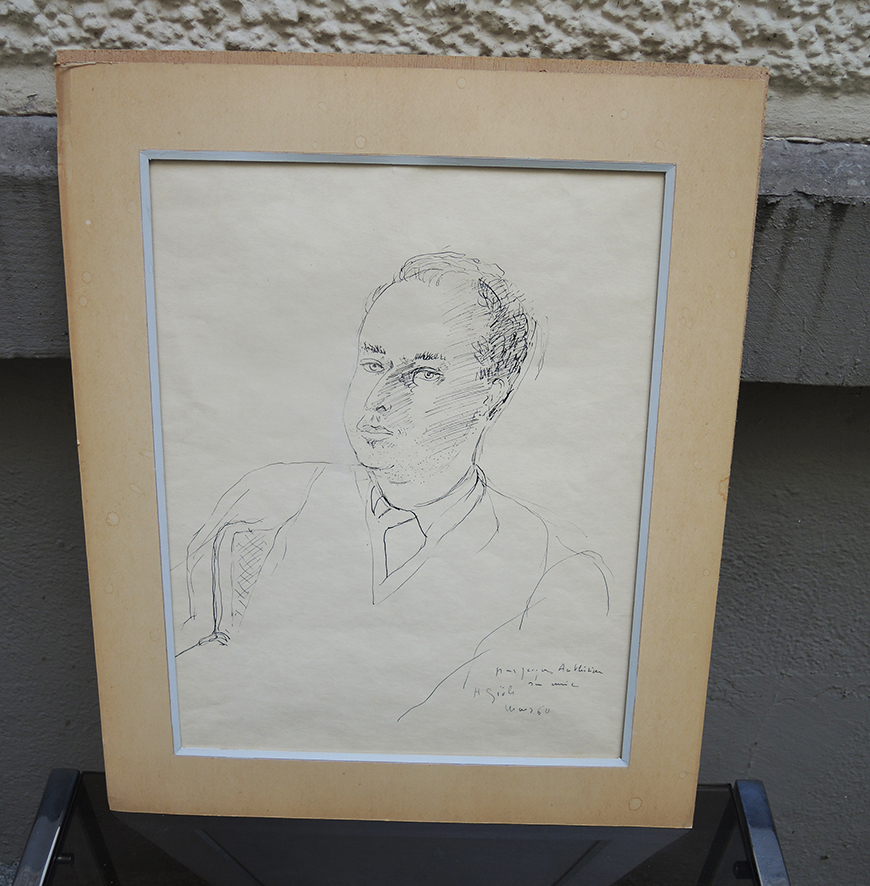 Ancien Portrait d'Homme au Stylo Signé