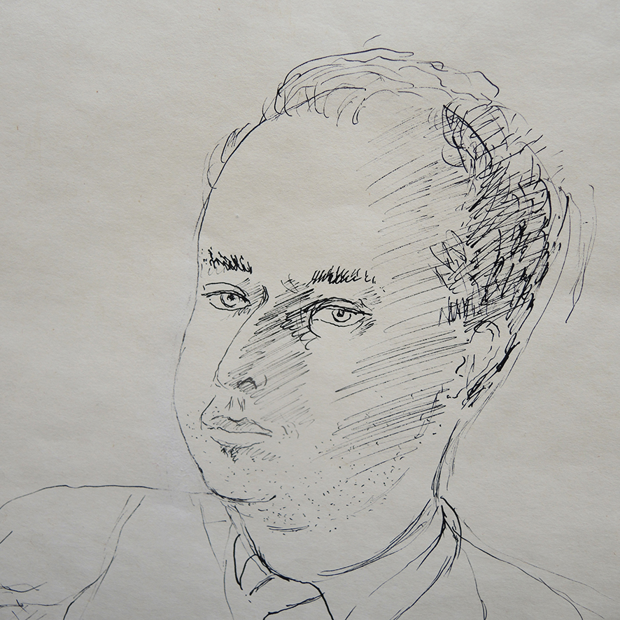 Ancien Portrait d'Homme au Stylo Signé – Image 2