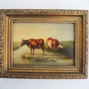 Ancien Tableau Huile sur Panneau Encadré Deux Vaches dans La Rivière
