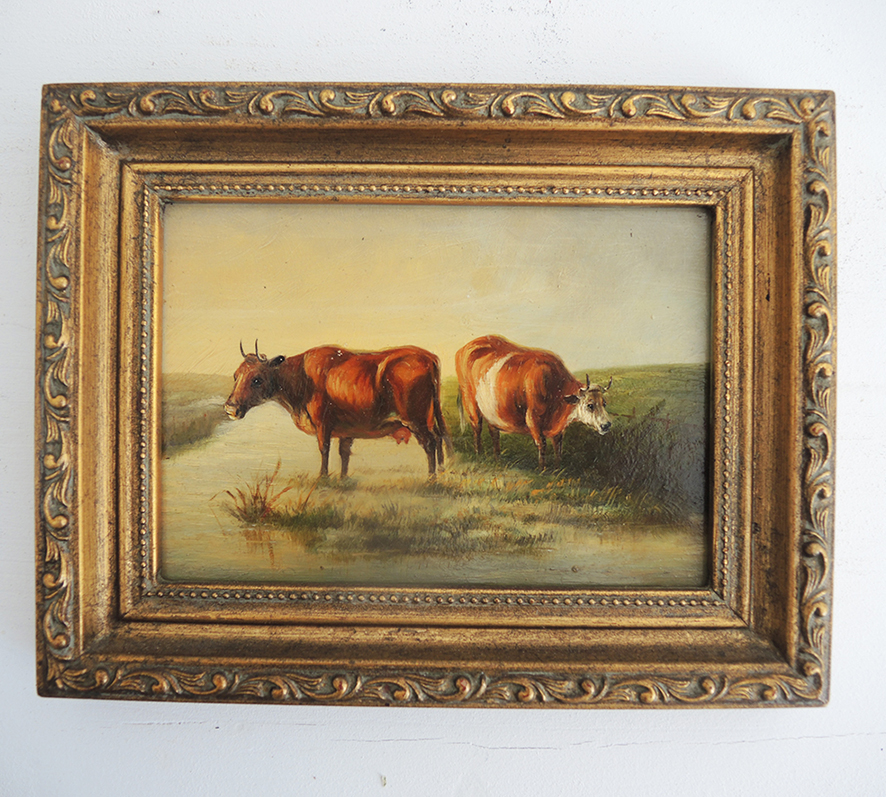 Ancien Tableau Huile sur Panneau Encadré Deux Vaches dans La Rivière
