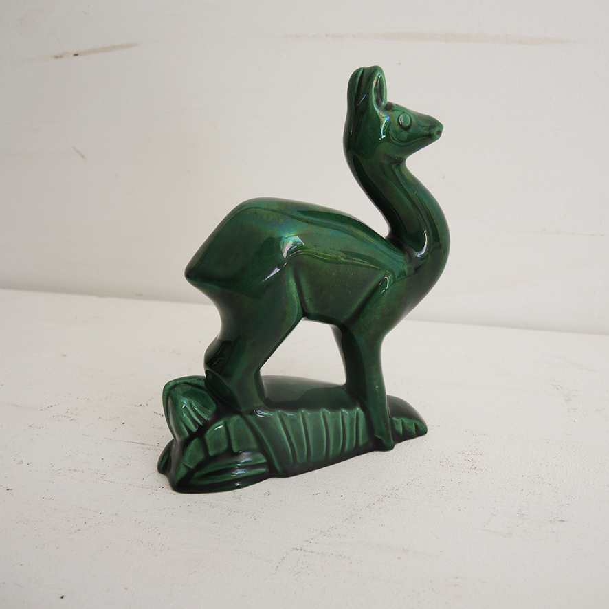 Ancienne Figurine Daim en Céramique Verte St Clément