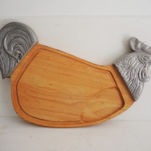 Ancienne Grande Planche à Découper Coq en Bois & Métal