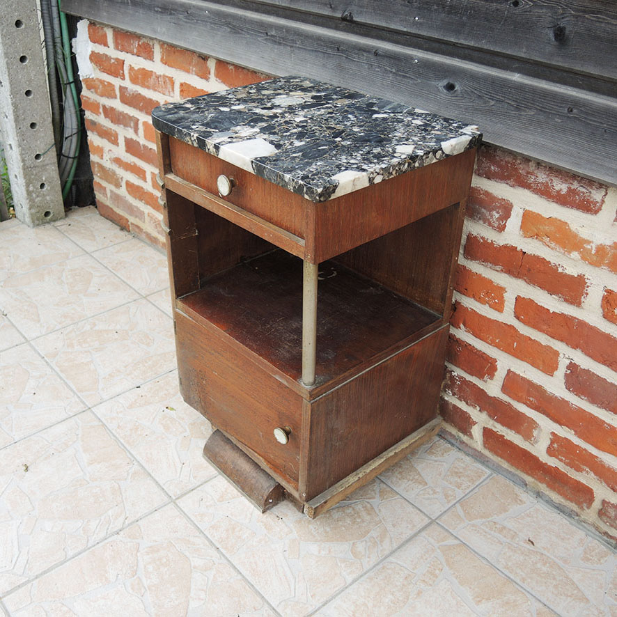 Ancienne Table de Chevet Art Déco en Bois & Marbre - Image 3
