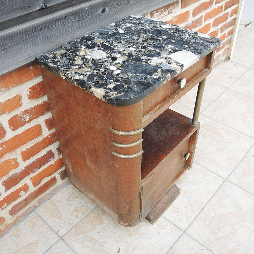 Ancienne Table de Chevet Art Déco en Bois & Marbre - Image 2