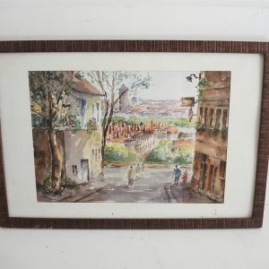 Ancien Tableau Aquarelle Signé & Encadrée - Ruelle en Pente sur la Ville - Fremiot