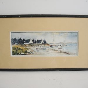 Ancien Tableau Aquarelle Signé & Encadré – Paysage Côtier - Fremiot