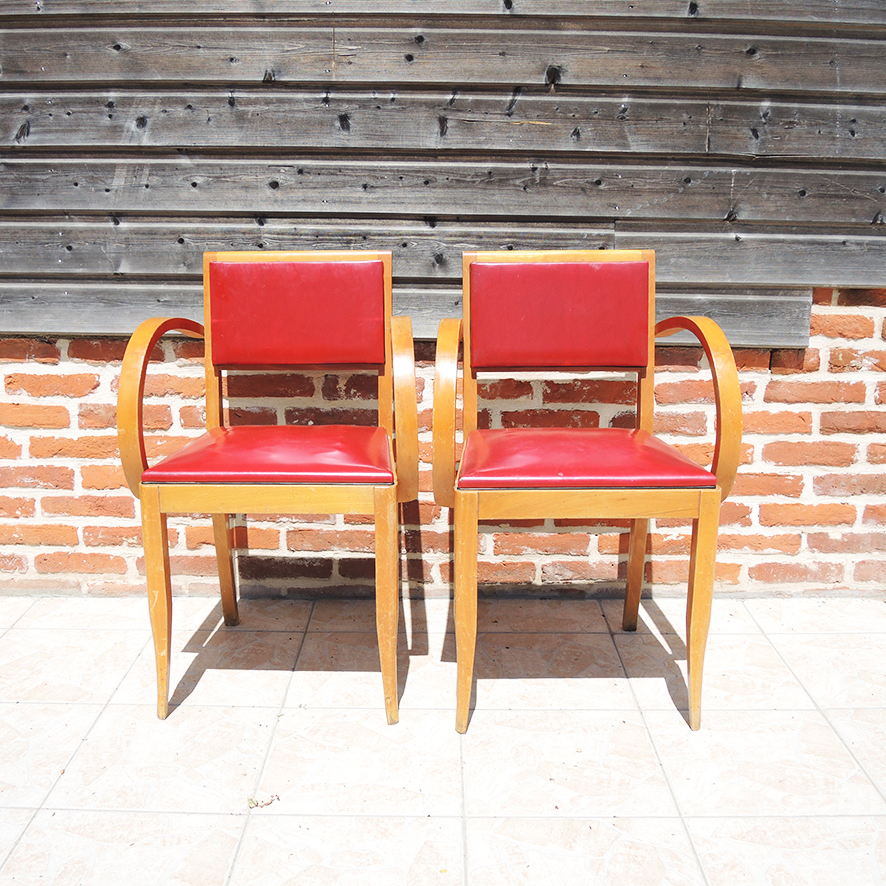 2 Anciens Fauteuils Bridge Bois & Skai Rouge