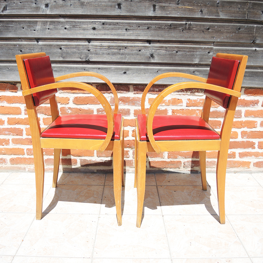 2 Anciens Fauteuils Bridge Bois & Skai Rouge – Image 4