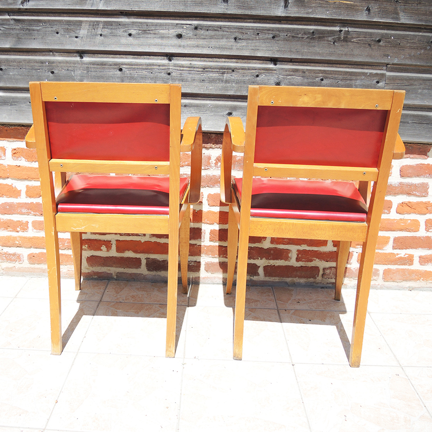 2 Anciens Fauteuils Bridge Bois & Skai Rouge – Image 3
