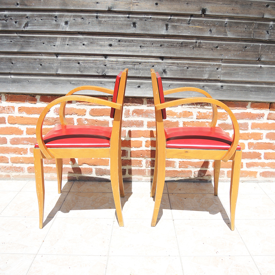 2 Anciens Fauteuils Bridge Bois & Skai Rouge – Image 2