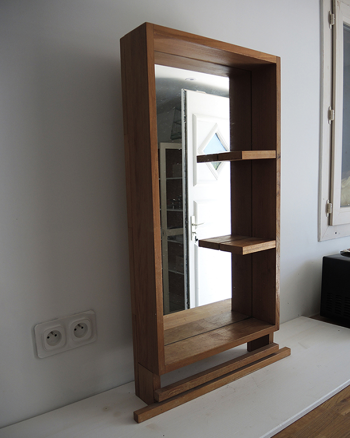 Ancien Grand Miroir de Salle de Bains en Bois Massif – Image 4