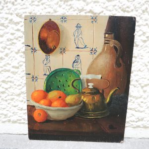 Ancien Tableau à L'Huile Nature Morte au Carrelage Hollandais