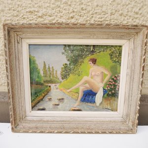 Ancien Tableau à l'Huile sur Panneau - La Baigneuse - Réné Lacoste