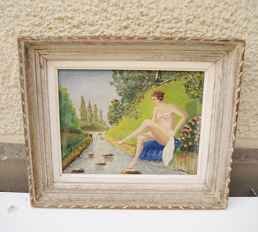 Ancien Tableau à l'Huile sur Panneau - La Baigneuse - Réné Lacoste