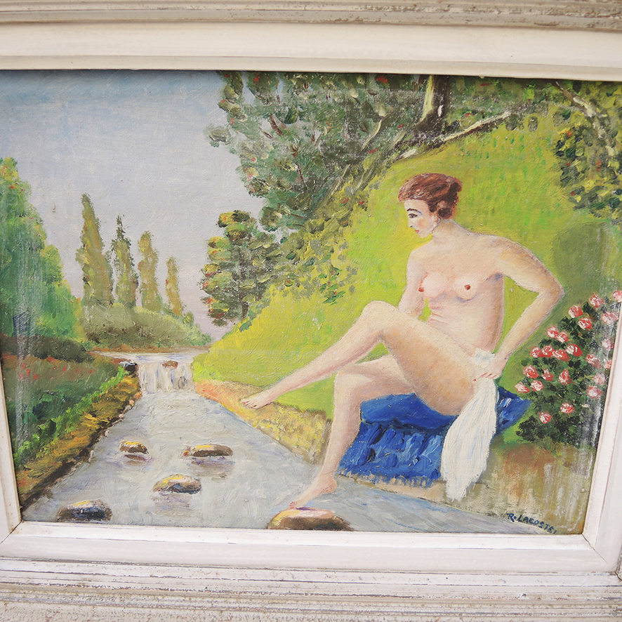 Ancien Tableau à l'Huile sur Panneau - La Baigneuse - Réné Lacoste - Image 2