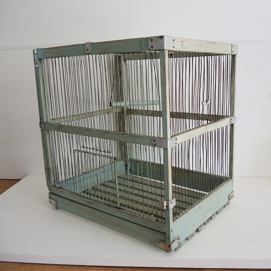 Ancienne Cage à Oiseaux en Bois & Métal Vert d'Eau – Image 4