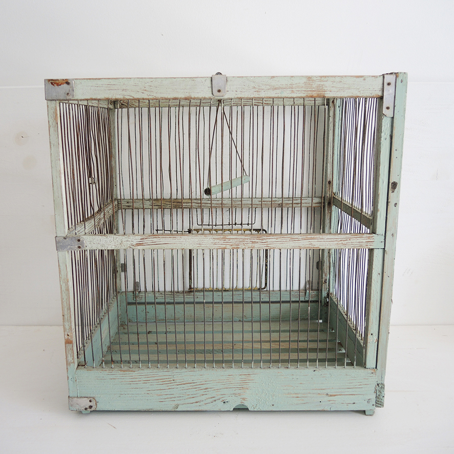 Ancienne Cage à Oiseaux en Bois & Métal Vert d'Eau – Image 2