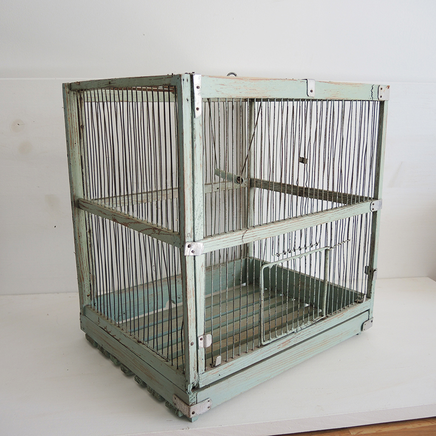 Ancienne Cage à Oiseaux en Bois & Métal Vert d'Eau – Image 3