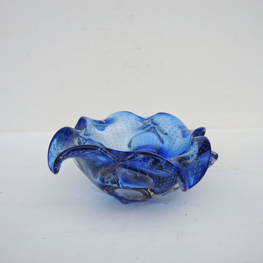 Ancien Cendrier / Vide-Poche en Verre Soufflé Bleu & Transparent - Image 4