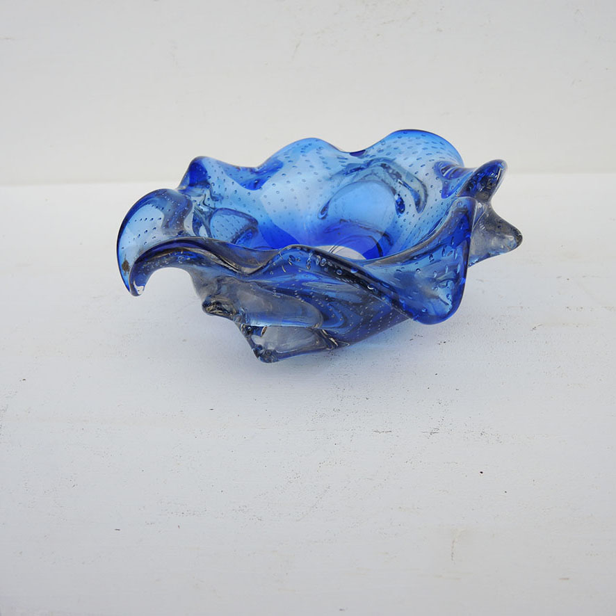 Ancien Cendrier / Vide-Poche en Verre Soufflé Bleu & Transparent - Image 3
