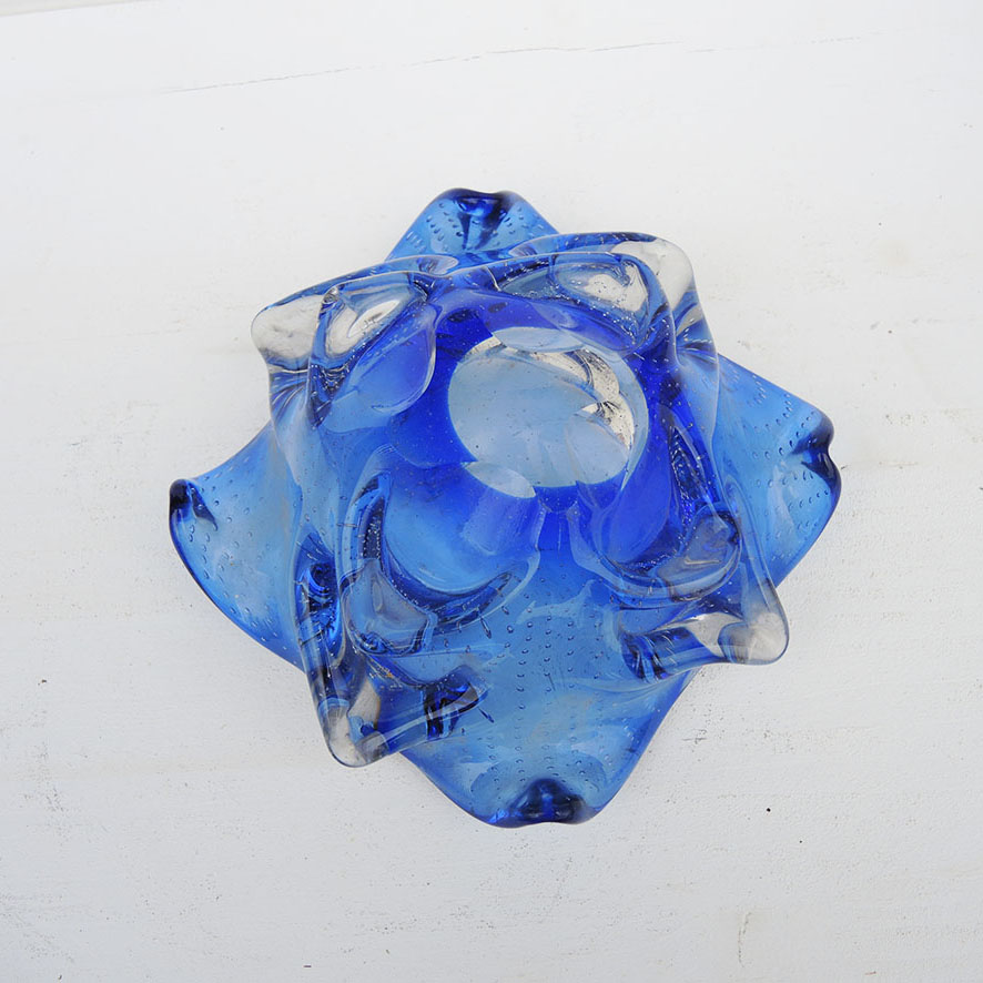 Ancien Cendrier / Vide-Poche en Verre Soufflé Bleu & Transparent - Image 2