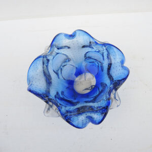 Ancien Cendrier / Vide-Poche en Verre Soufflé Bleu & Transparent