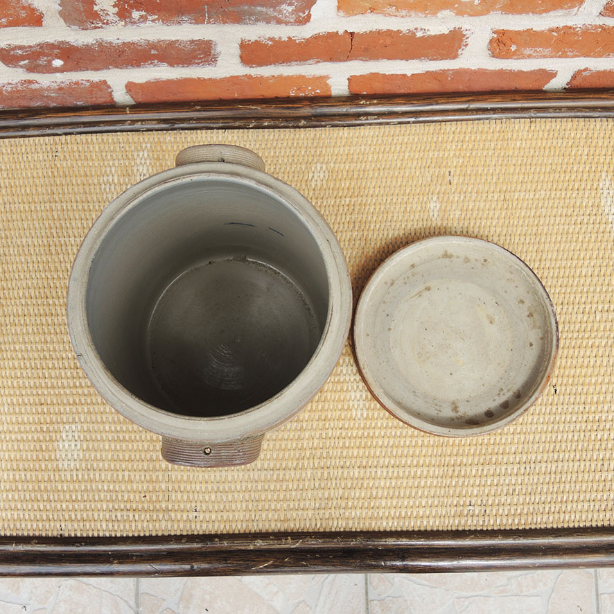 Ancien Pot à Graisse en Grès Emaillé Caramel avec Couvercle H 32,5 cm - Image 4