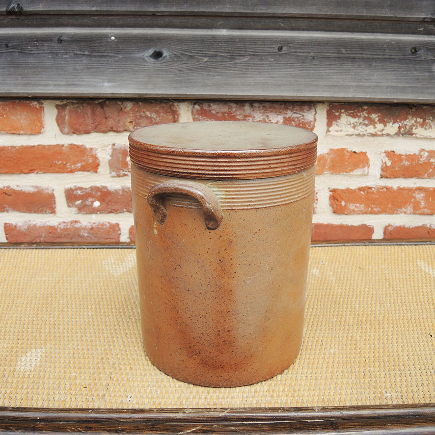 Ancien Pot à Graisse en Grès Emaillé Caramel avec Couvercle H 32,5 cm