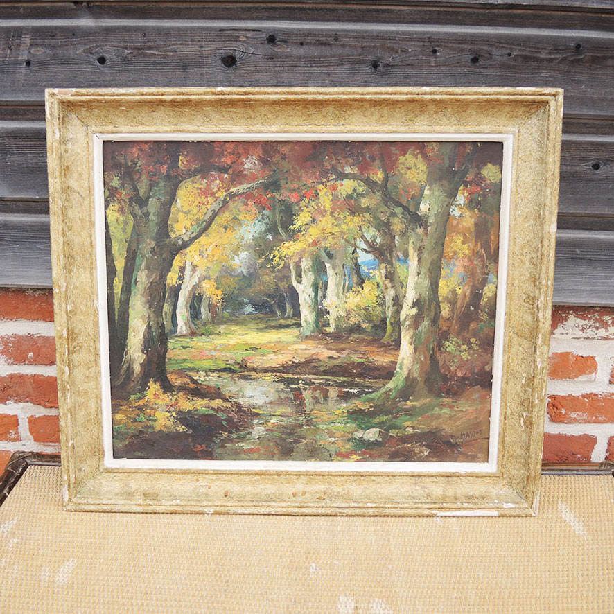 Ancien Tableau à l'Huile Encadré : Forêt en Automne