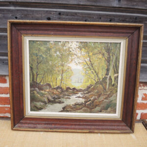 Ancien Tableau à l'Huile Signé & Encadré Ruisseau en Forêt